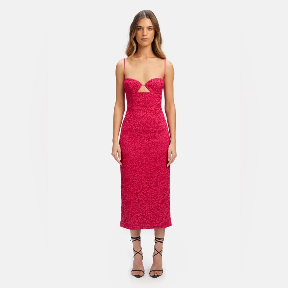 Bardot Fuchsia Lace Midi Dress with Cutout